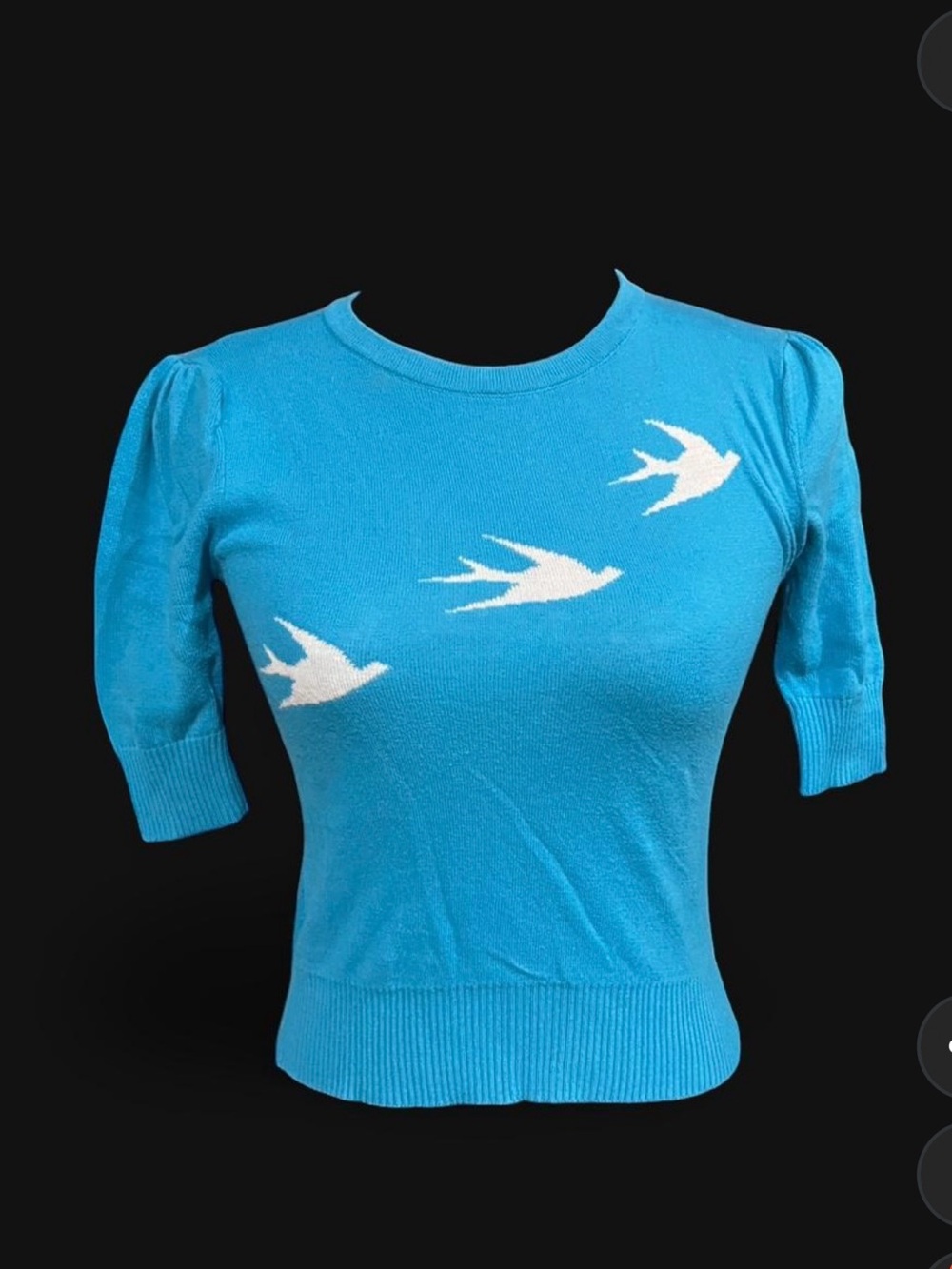 Collectif Turquoise Short Sleeve Knit Top with White Bird Motif